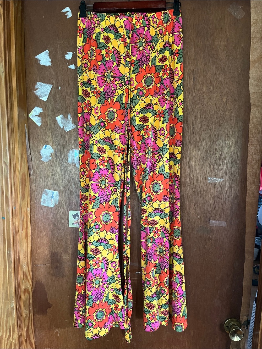 Spirit Women's Floral Bell-Bottom Pants in Yellow, Pink & Orange Large